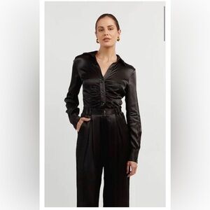 DISSH Simone Black Satin Gathered Button Front Top Sz 4 Date Night